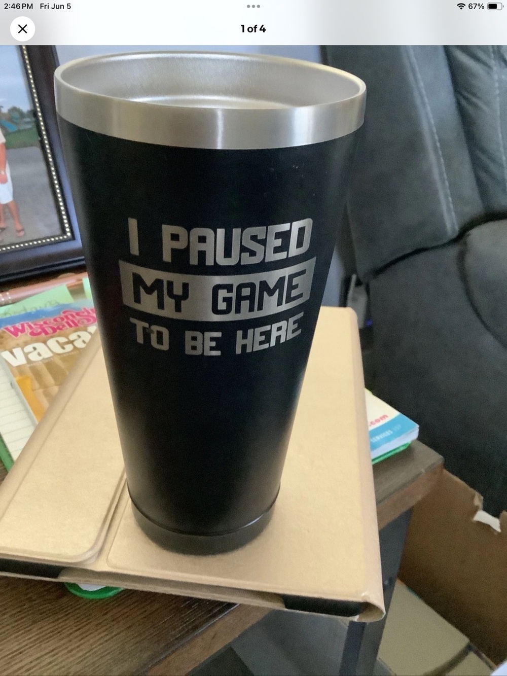Black Insulated Travel Tumbler with 'I Paused My Game To Be Here' Text
